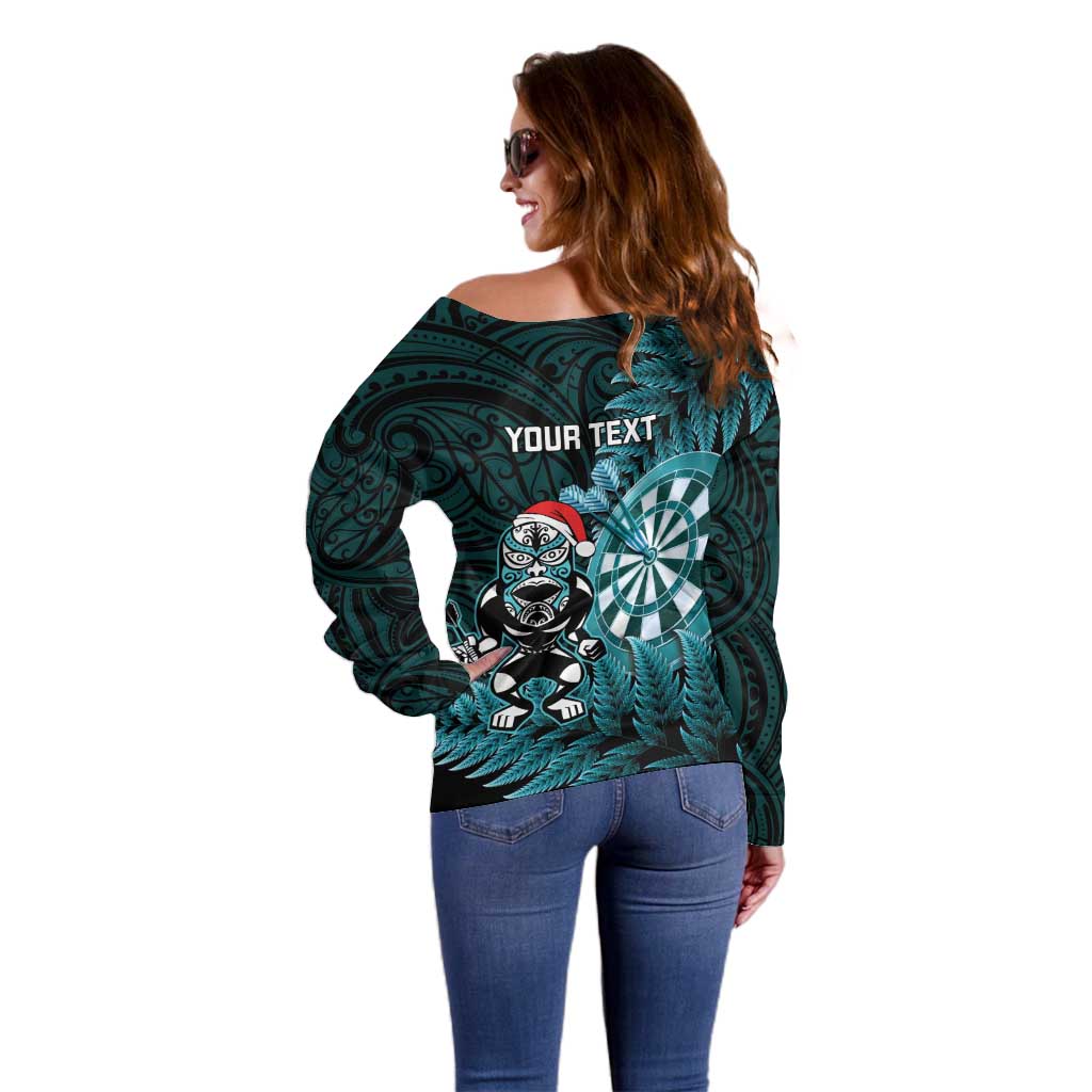 Personalised New Zealand Darts Christmas Off Shoulder Sweater Maori Fern Merry Dartsmas - Vibe Hoodie