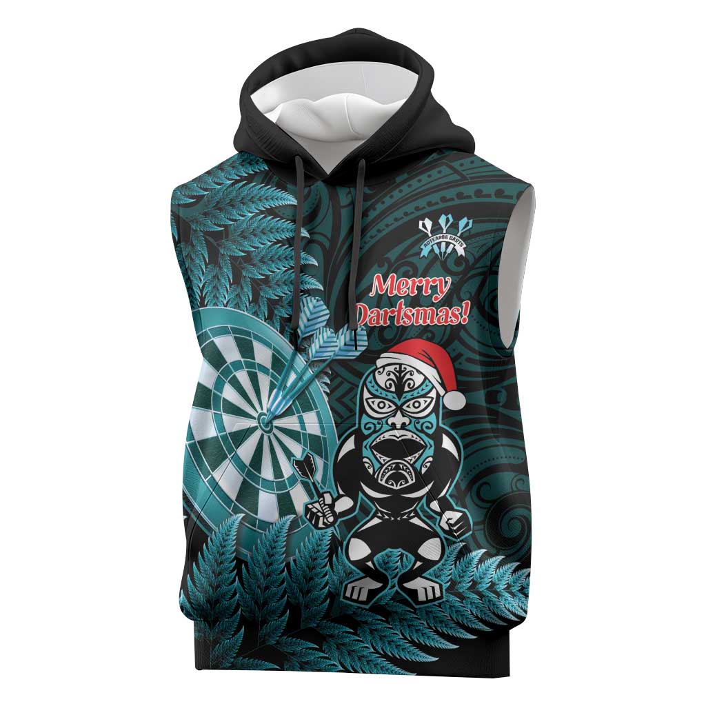 Personalised New Zealand Darts Christmas Sleeveless Hoodie Maori Fern Merry Dartsmas - Vibe Hoodie