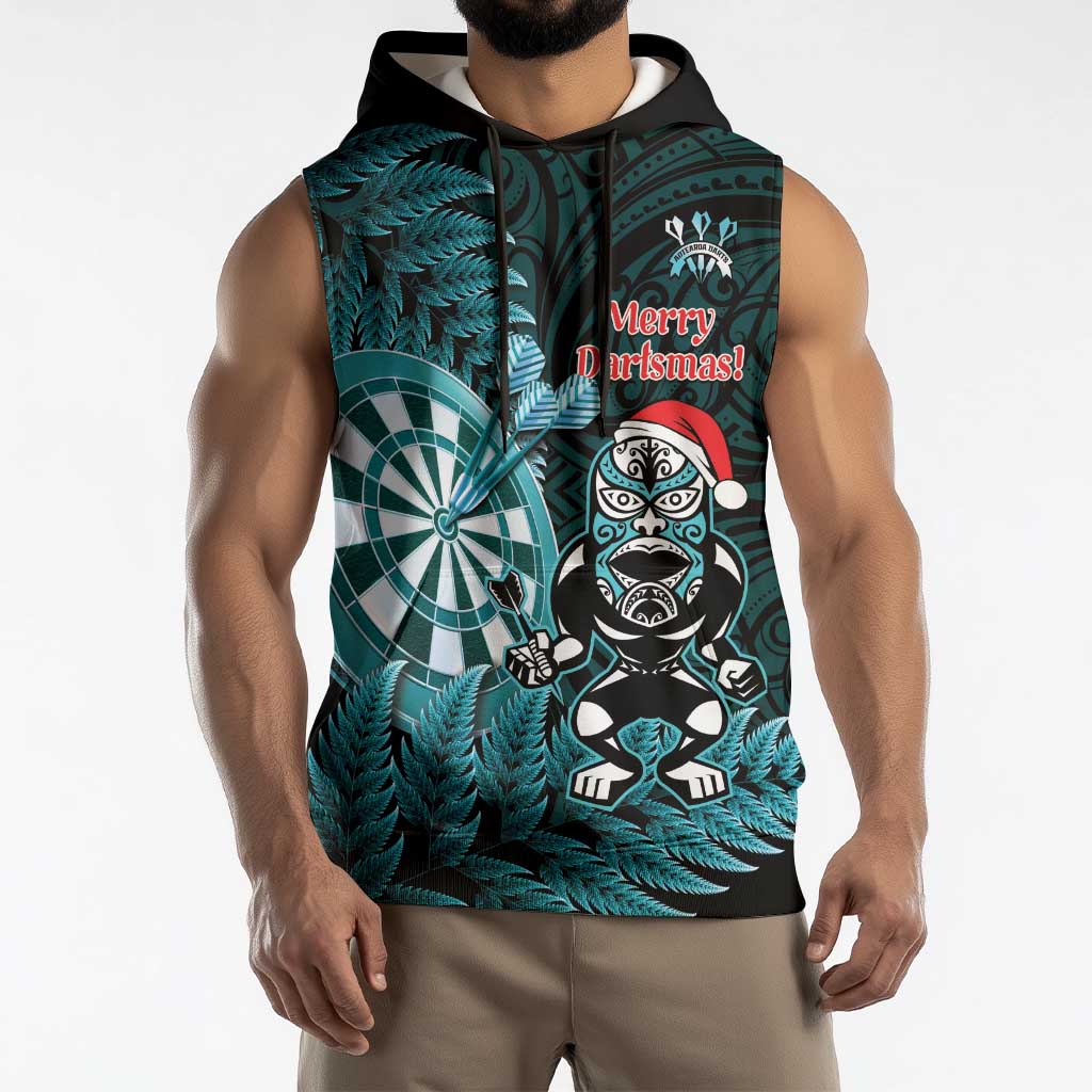 Personalised New Zealand Darts Christmas Sleeveless Hoodie Maori Fern Merry Dartsmas - Vibe Hoodie