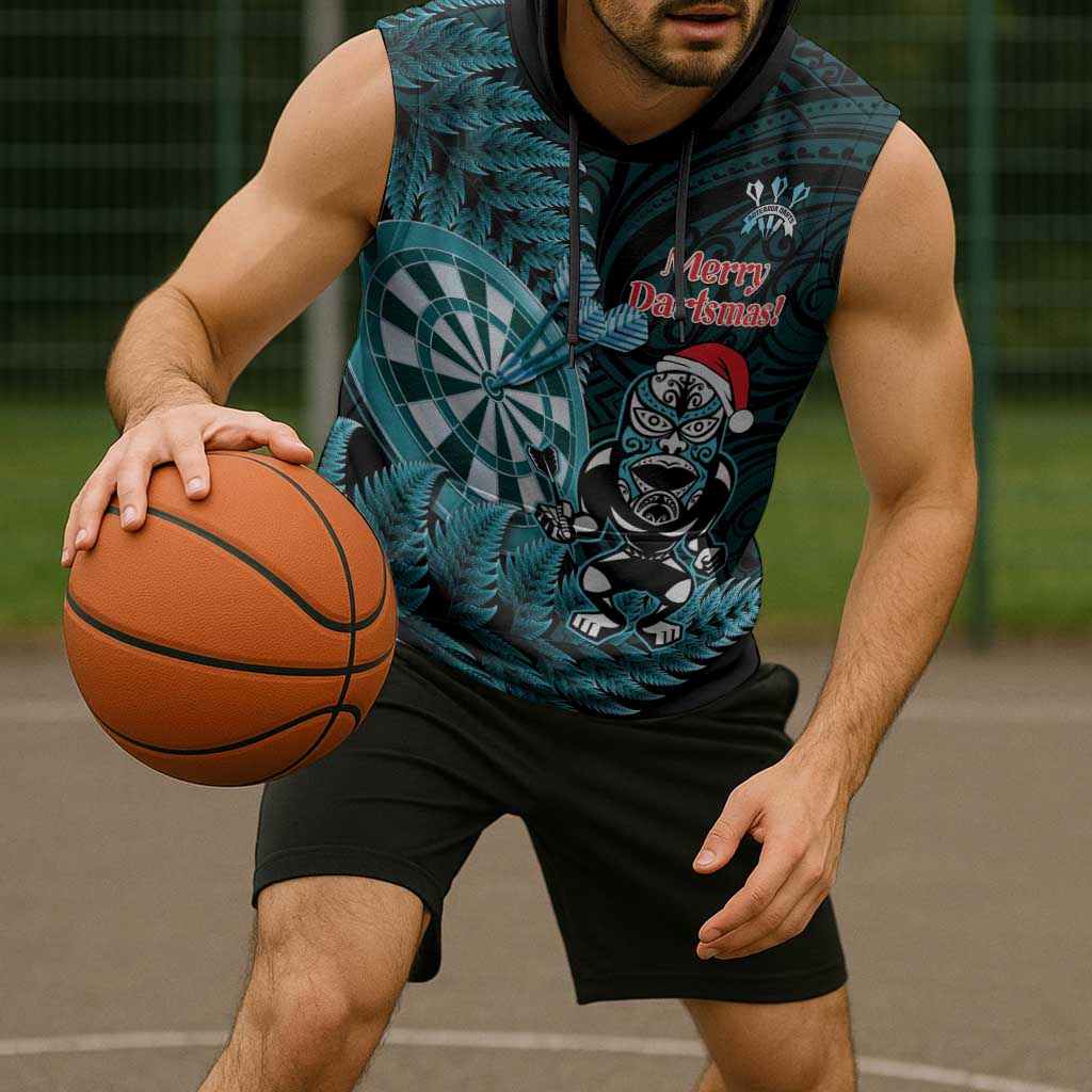Personalised New Zealand Darts Christmas Sleeveless Hoodie Maori Fern Merry Dartsmas - Vibe Hoodie