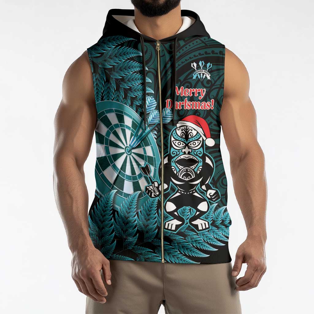 Personalised New Zealand Darts Christmas Sleeveless Zip Hoodie Maori Fern Merry Dartsmas - Vibe Hoodie