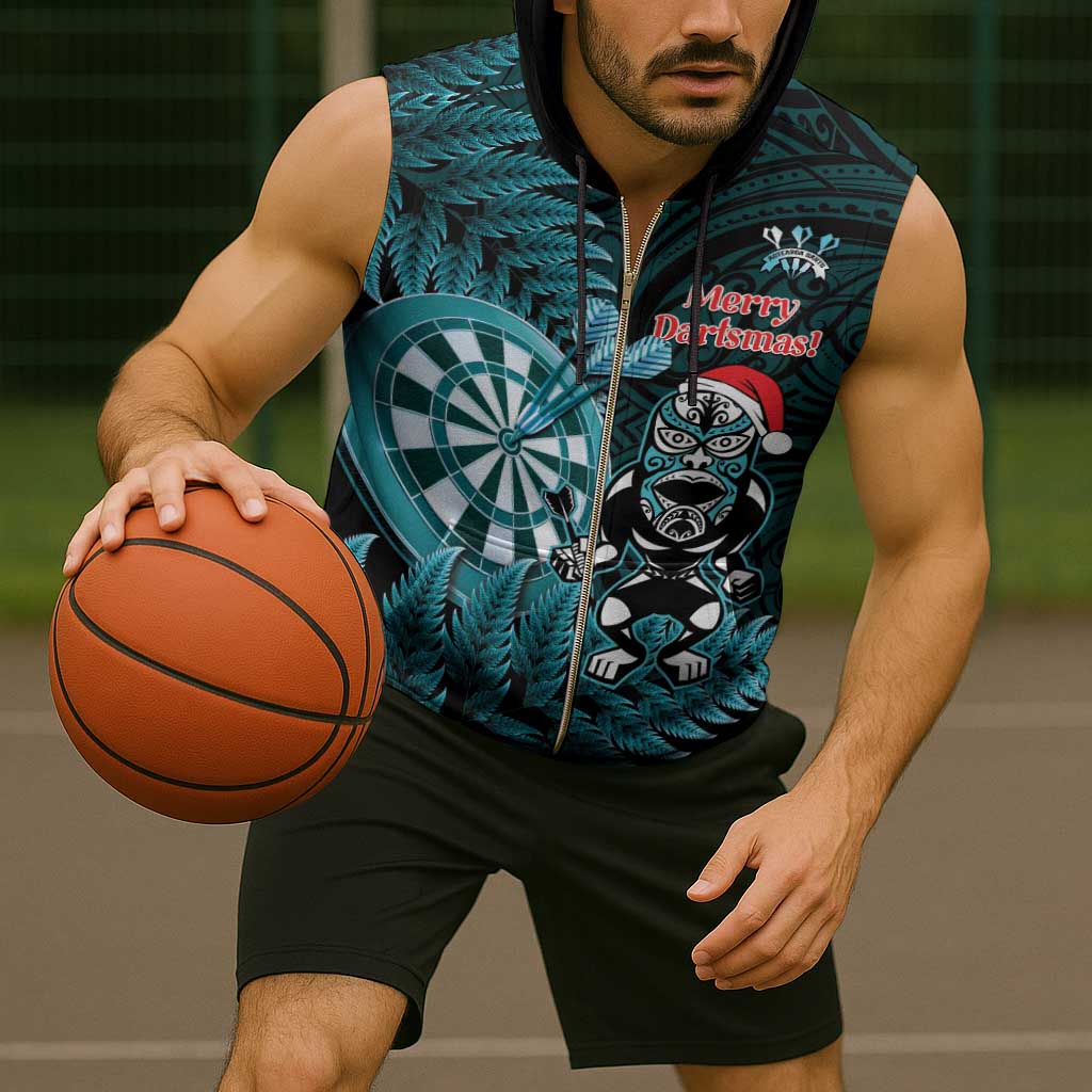 Personalised New Zealand Darts Christmas Sleeveless Zip Hoodie Maori Fern Merry Dartsmas - Vibe Hoodie