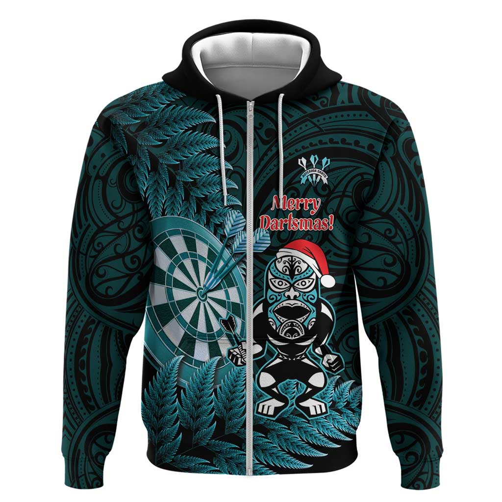 Personalised New Zealand Darts Christmas Zip Hoodie Maori Fern Merry Dartsmas - Vibe Hoodie