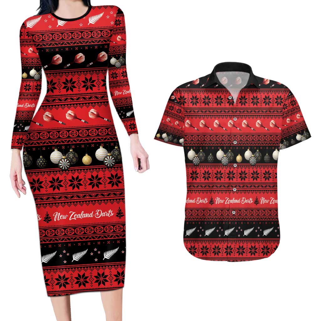 New Zealand Darts Christmas Couples Matching Long Sleeve Bodycon Dress and Hawaiian Shirt Merry Xmas Aotearoa Maori Red - Vibe Hoodie