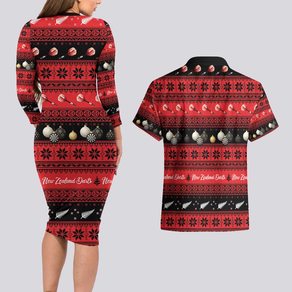 New Zealand Darts Christmas Couples Matching Long Sleeve Bodycon Dress and Hawaiian Shirt Merry Xmas Aotearoa Maori Red - Vibe Hoodie
