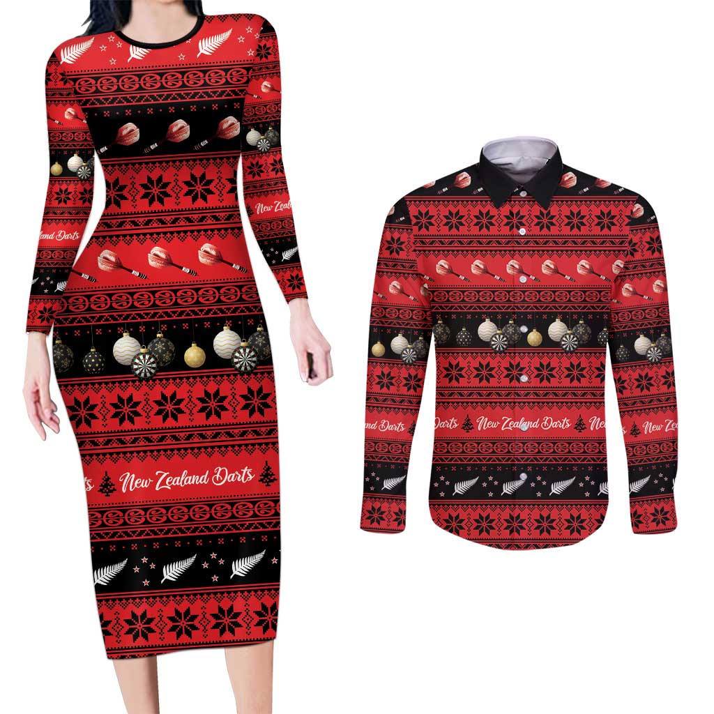 New Zealand Darts Christmas Couples Matching Long Sleeve Bodycon Dress and Long Sleeve Button Shirt Merry Xmas Aotearoa Maori Red - Vibe Hoodie