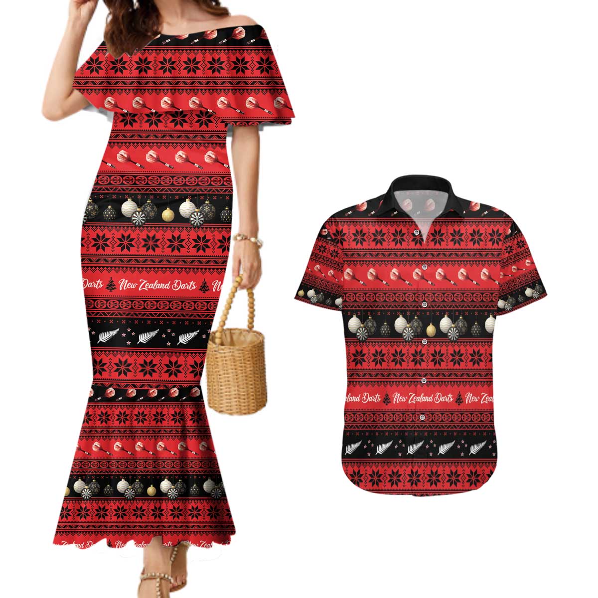 New Zealand Darts Christmas Couples Matching Mermaid Dress and Hawaiian Shirt Merry Xmas Aotearoa Maori Red - Vibe Hoodie