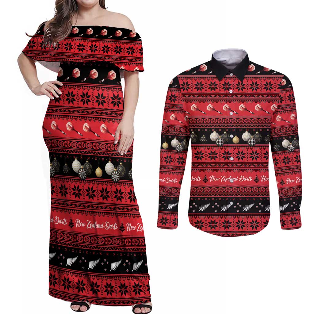 New Zealand Darts Christmas Couples Matching Off Shoulder Maxi Dress and Long Sleeve Button Shirt Merry Xmas Aotearoa Maori Red - Vibe Hoodie