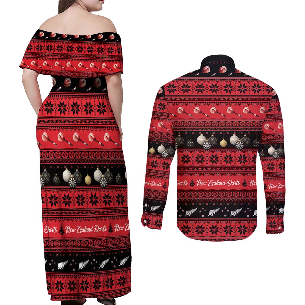 New Zealand Darts Christmas Couples Matching Off Shoulder Maxi Dress and Long Sleeve Button Shirt Merry Xmas Aotearoa Maori Red - Vibe Hoodie