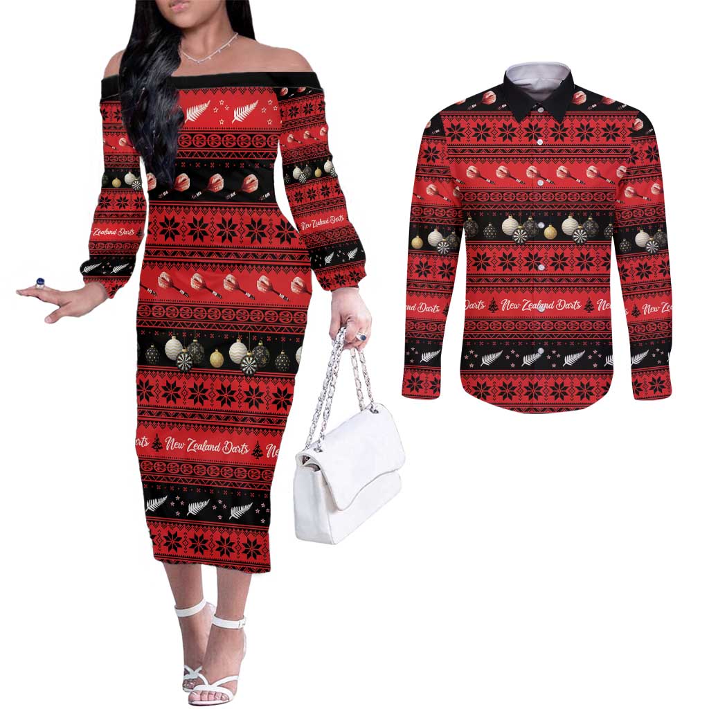 New Zealand Darts Christmas Couples Matching Off The Shoulder Long Sleeve Dress and Long Sleeve Button Shirt Merry Xmas Aotearoa Maori Red - Vibe Hoodie