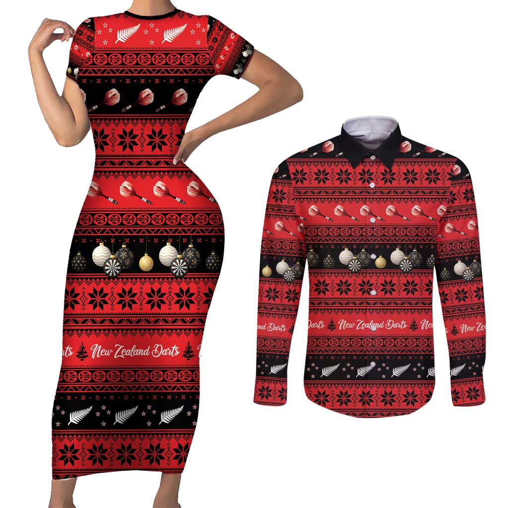New Zealand Darts Christmas Couples Matching Short Sleeve Bodycon Dress and Long Sleeve Button Shirt Merry Xmas Aotearoa Maori Red - Vibe Hoodie
