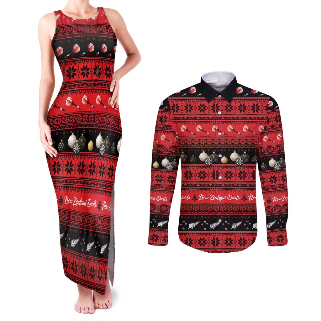 New Zealand Darts Christmas Couples Matching Tank Maxi Dress and Long Sleeve Button Shirt Merry Xmas Aotearoa Maori Red - Vibe Hoodie