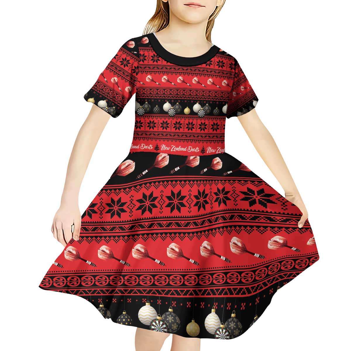 New Zealand Darts Christmas Kid Short Sleeve Dress Merry Xmas Aotearoa Maori Red - Vibe Hoodie