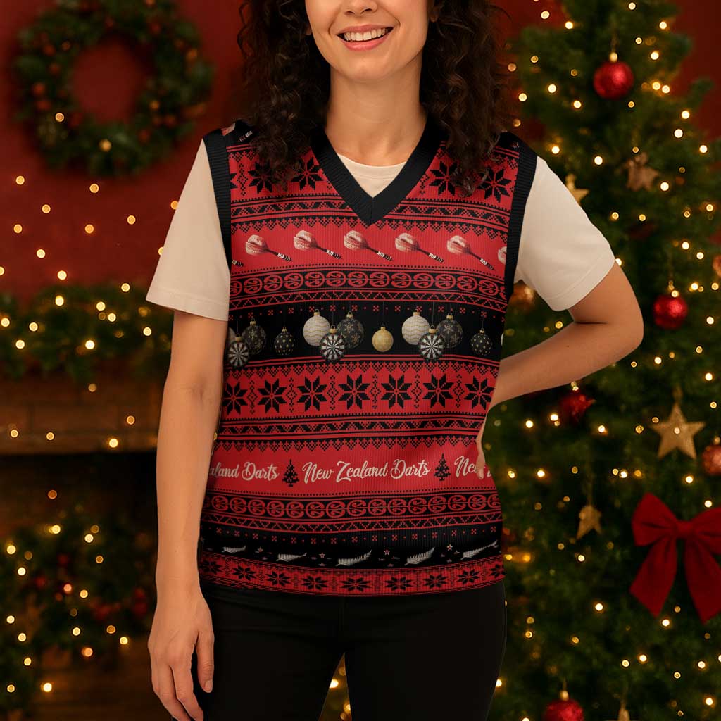 New Zealand Darts Christmas Knitted V-Neck Vest Merry Xmas Aotearoa Maori Red - Vibe Hoodie