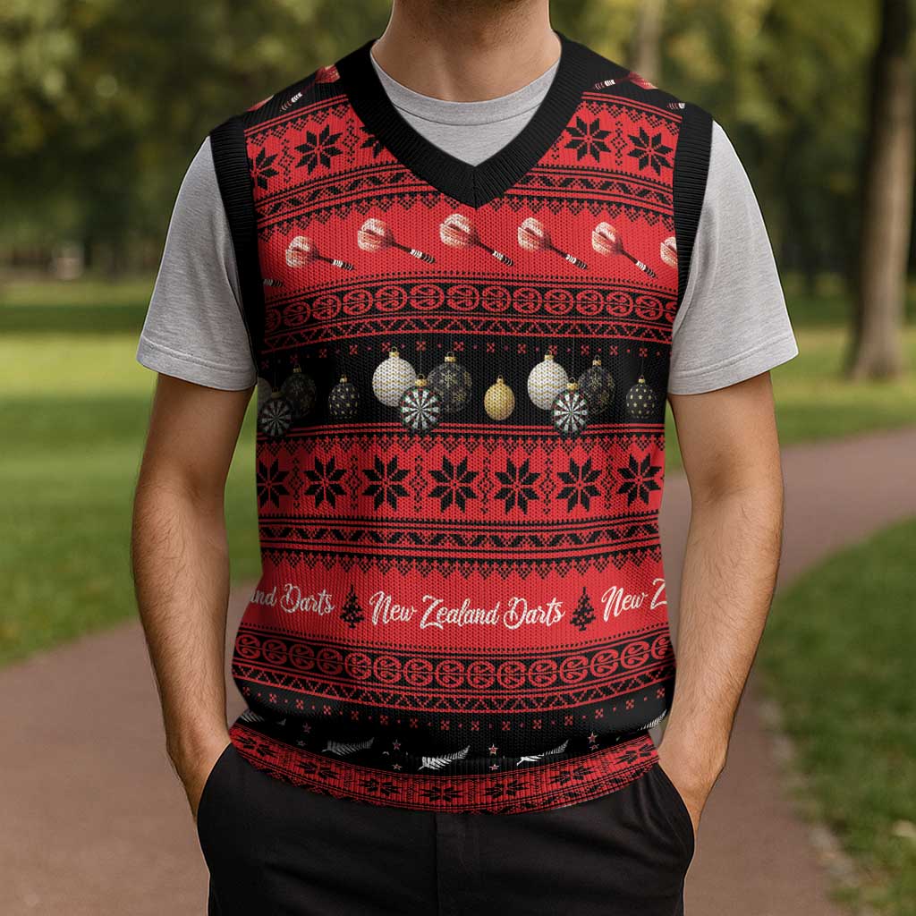 New Zealand Darts Christmas Knitted V-Neck Vest Merry Xmas Aotearoa Maori Red - Vibe Hoodie