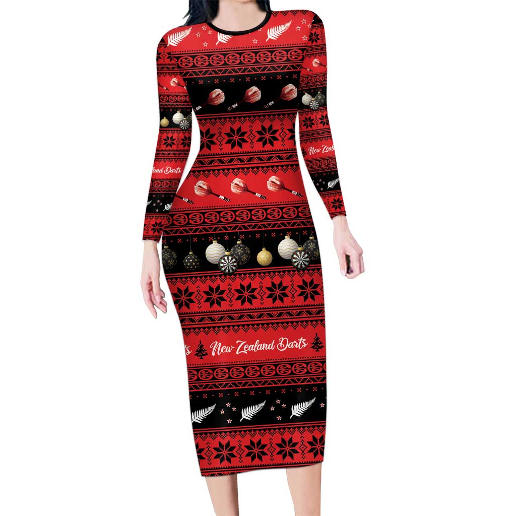 New Zealand Darts Christmas Long Sleeve Bodycon Dress Merry Xmas Aotearoa Maori Red - Vibe Hoodie