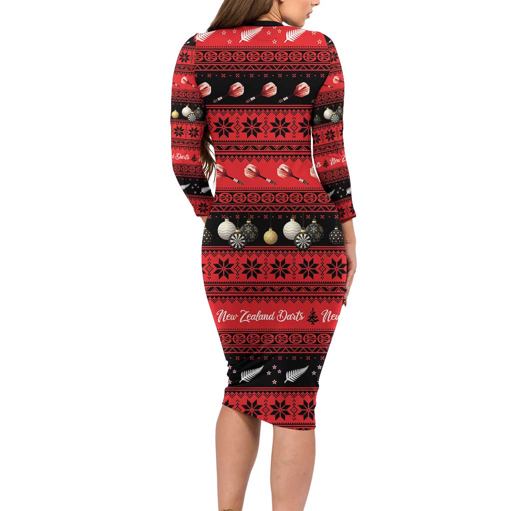 New Zealand Darts Christmas Long Sleeve Bodycon Dress Merry Xmas Aotearoa Maori Red - Vibe Hoodie
