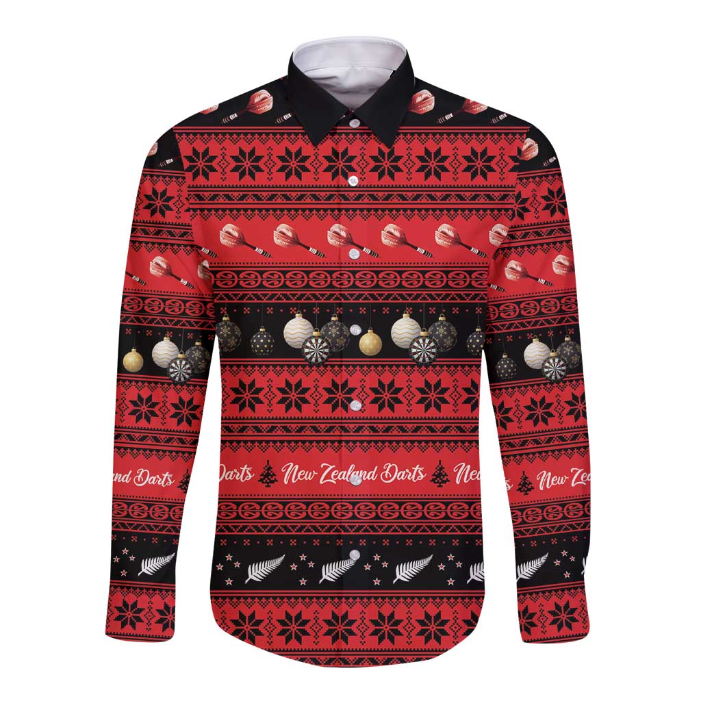 New Zealand Darts Christmas Long Sleeve Button Shirt Merry Xmas Aotearoa Maori Red - Vibe Hoodie