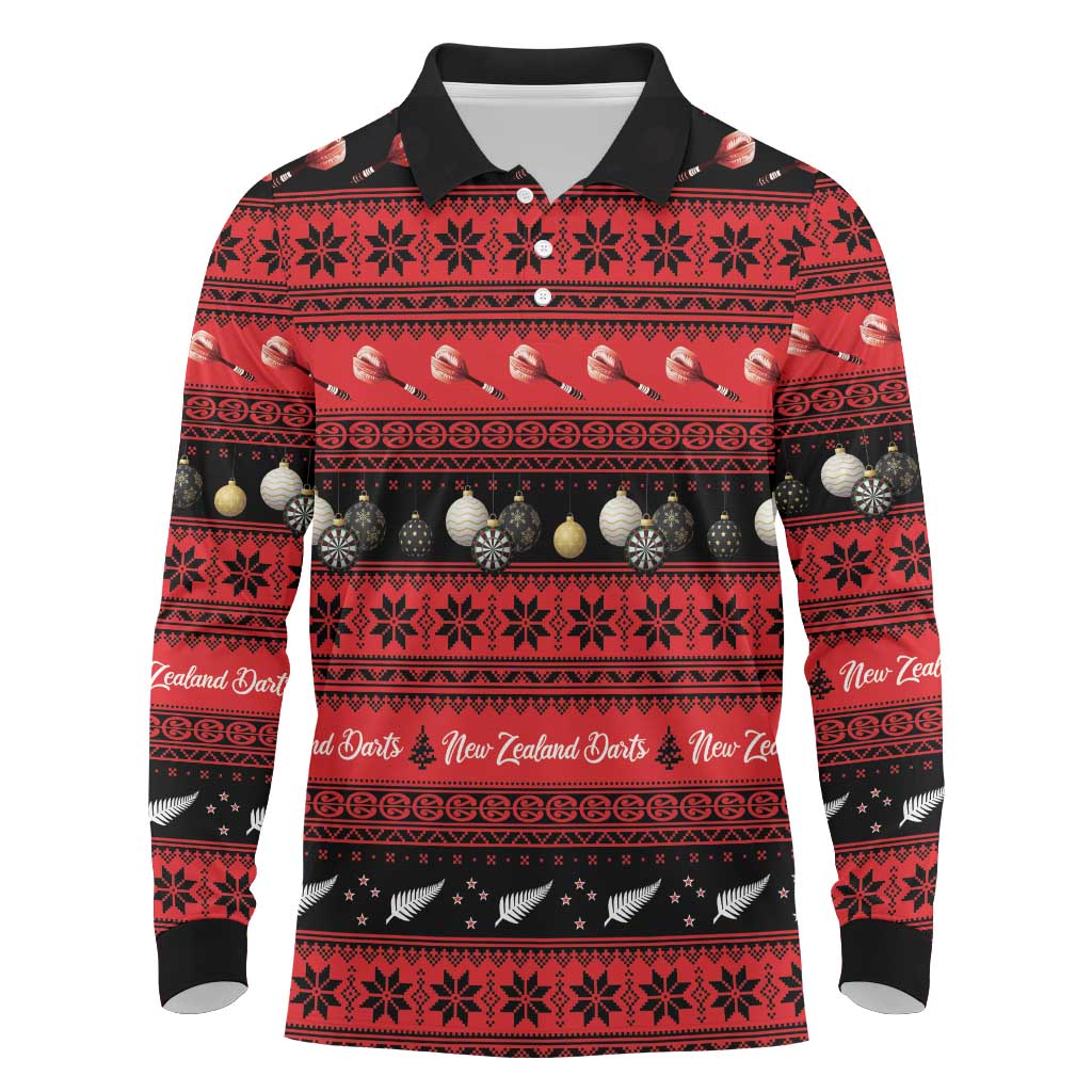 New Zealand Darts Christmas Long Sleeve Polo Shirt Merry Xmas Aotearoa Maori Red - Vibe Hoodie