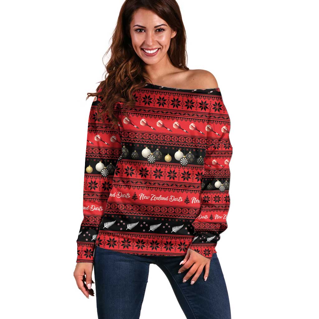 New Zealand Darts Christmas Off Shoulder Sweater Merry Xmas Aotearoa Maori Red - Vibe Hoodie