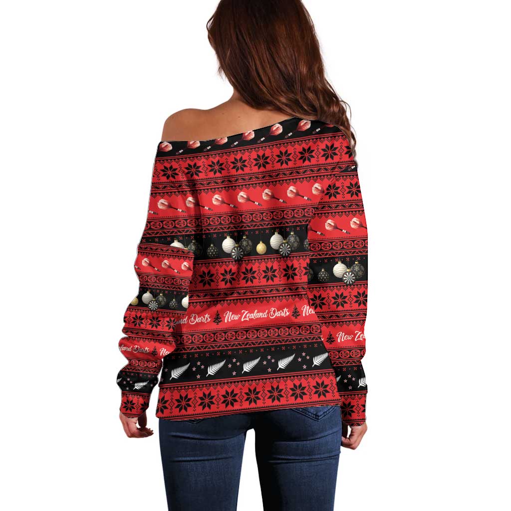 New Zealand Darts Christmas Off Shoulder Sweater Merry Xmas Aotearoa Maori Red - Vibe Hoodie