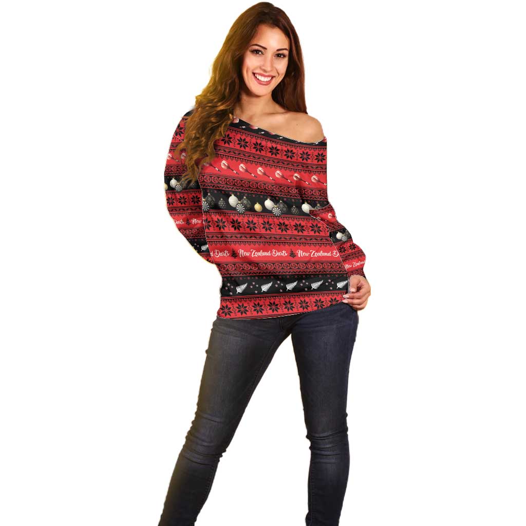 New Zealand Darts Christmas Off Shoulder Sweater Merry Xmas Aotearoa Maori Red - Vibe Hoodie