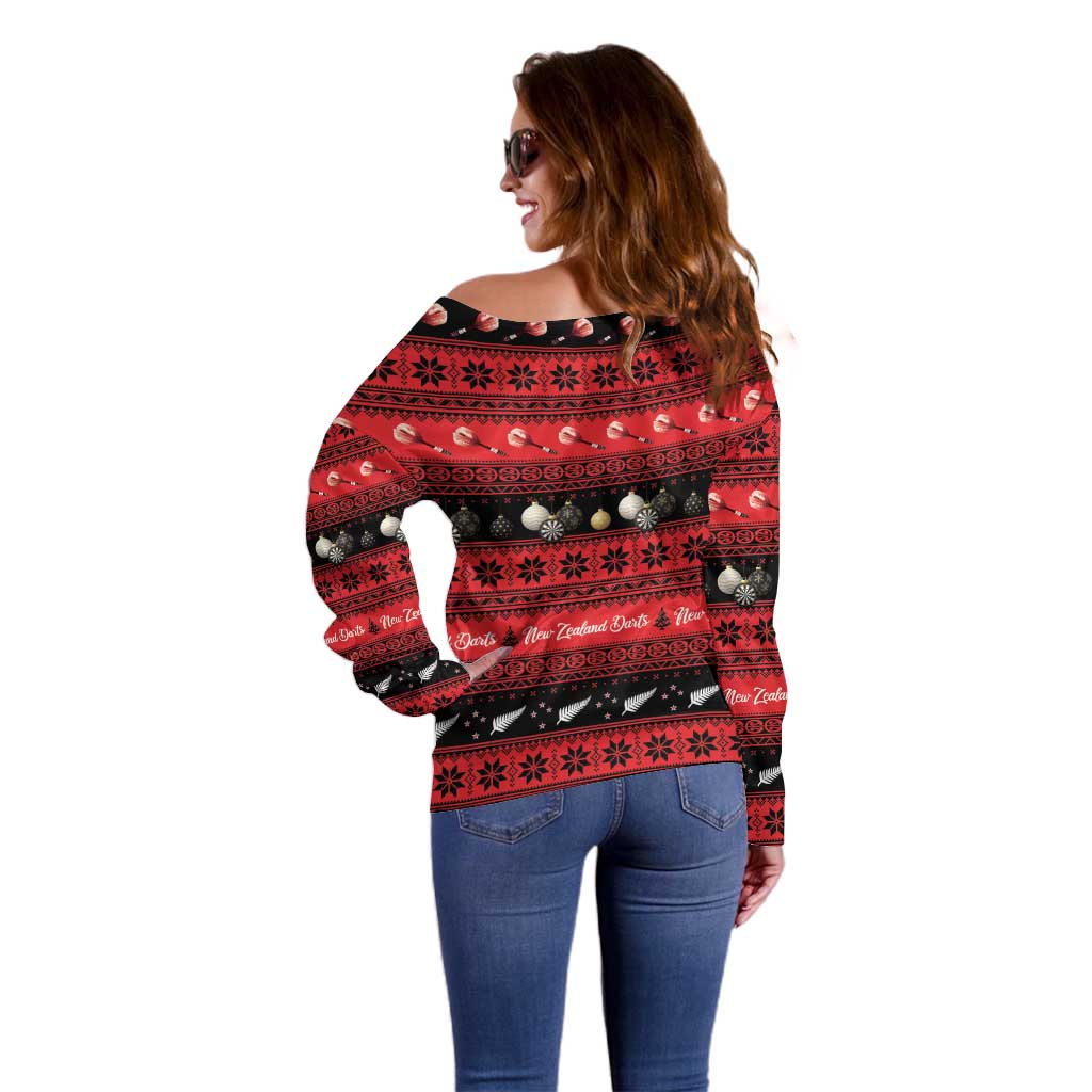 New Zealand Darts Christmas Off Shoulder Sweater Merry Xmas Aotearoa Maori Red - Vibe Hoodie