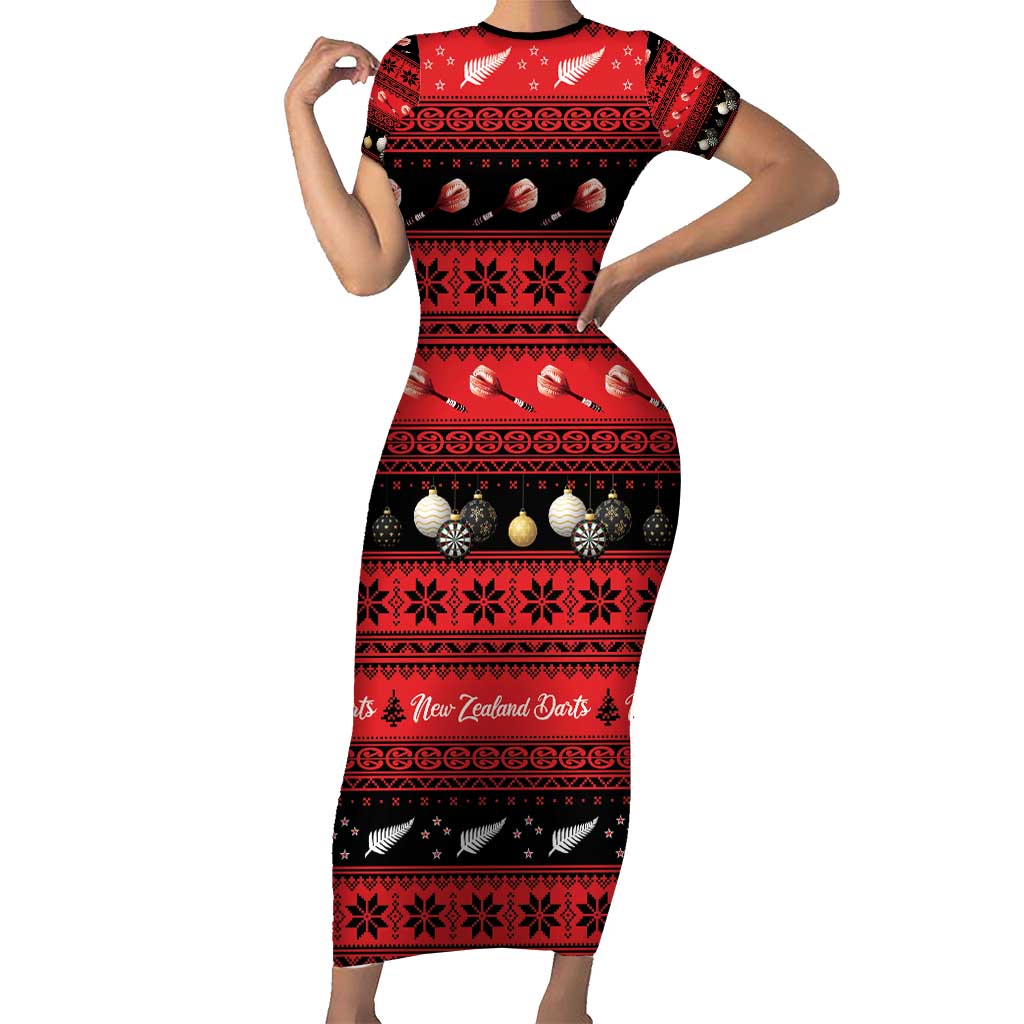 New Zealand Darts Christmas Short Sleeve Bodycon Dress Merry Xmas Aotearoa Maori Red - Vibe Hoodie