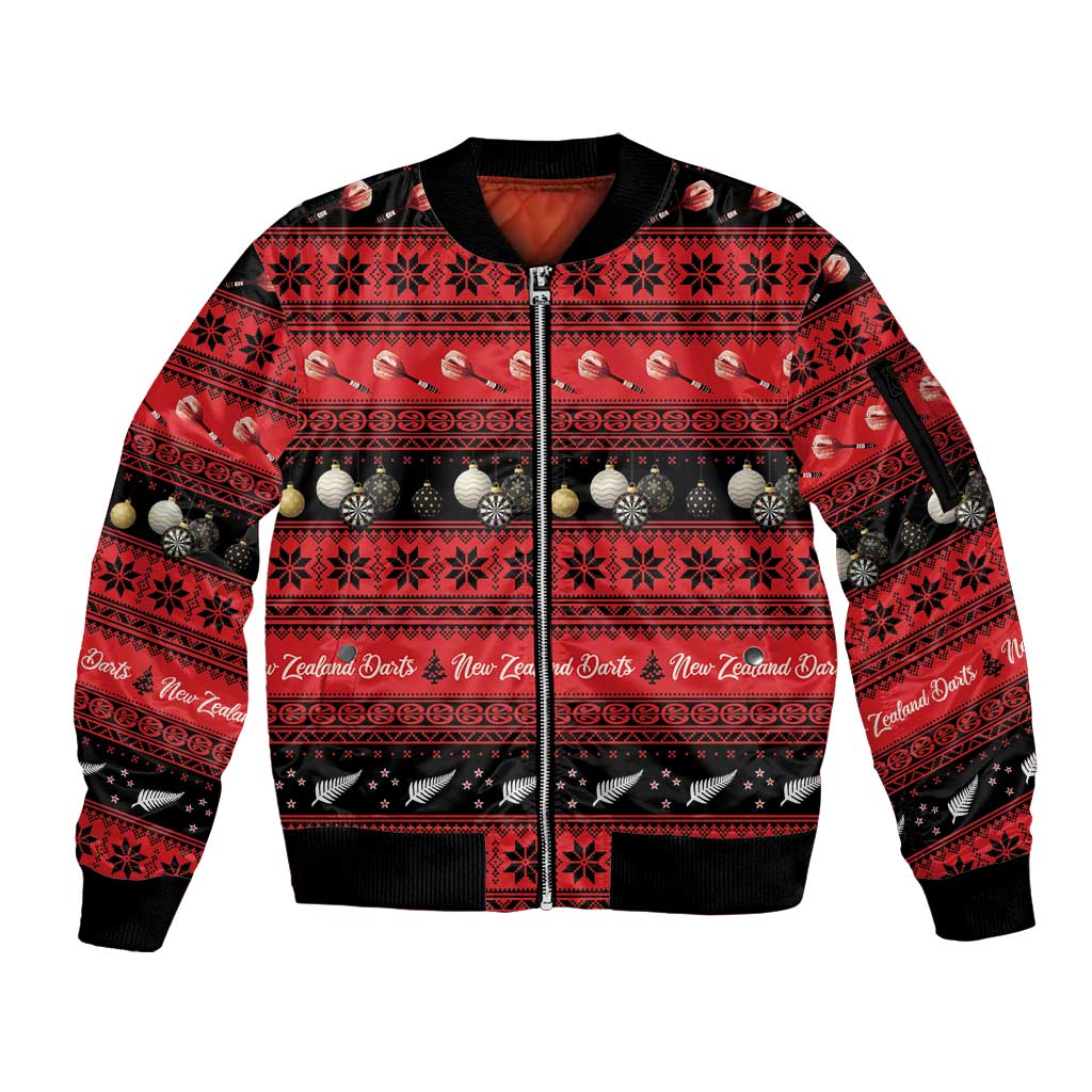 New Zealand Darts Christmas Sleeve Zip Bomber Jacket Merry Xmas Aotearoa Maori Red - Vibe Hoodie