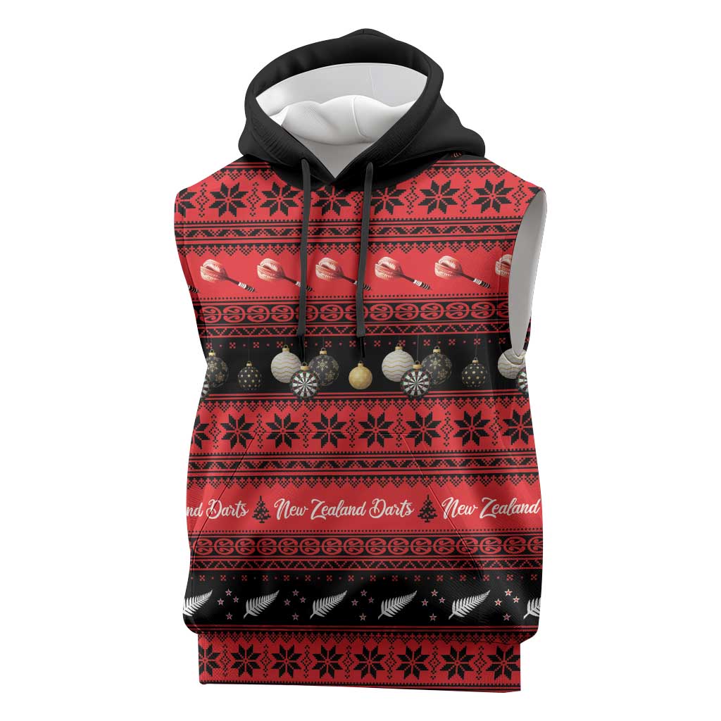 New Zealand Darts Christmas Sleeveless Hoodie Merry Xmas Aotearoa Maori Red - Vibe Hoodie