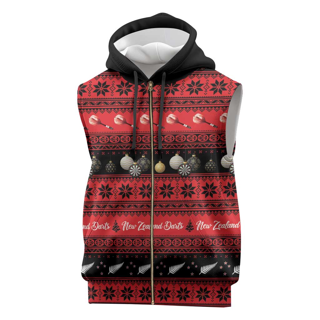 New Zealand Darts Christmas Sleeveless Zip Hoodie Merry Xmas Aotearoa Maori Red - Vibe Hoodie