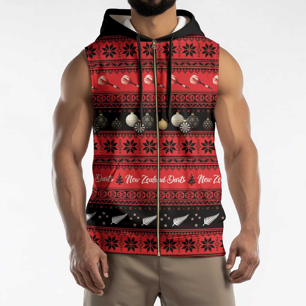 New Zealand Darts Christmas Sleeveless Zip Hoodie Merry Xmas Aotearoa Maori Red - Vibe Hoodie