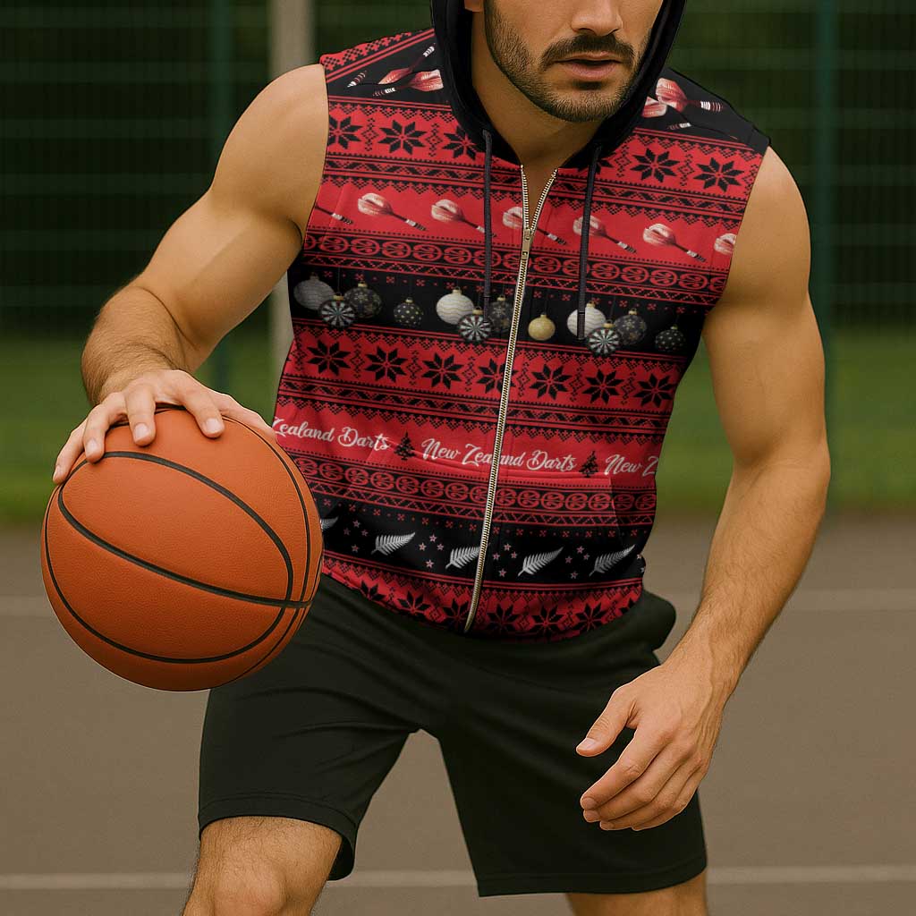 New Zealand Darts Christmas Sleeveless Zip Hoodie Merry Xmas Aotearoa Maori Red - Vibe Hoodie