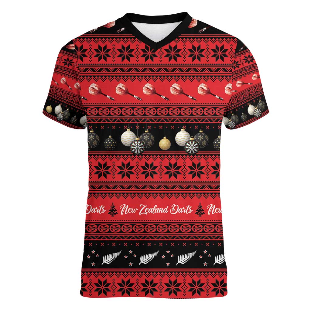 New Zealand Darts Christmas Women V-Neck T-Shirt Merry Xmas Aotearoa Maori Red - Vibe Hoodie