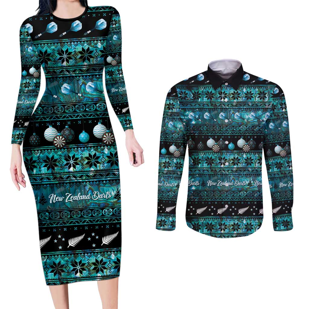 New Zealand Darts Christmas Couples Matching Long Sleeve Bodycon Dress and Long Sleeve Button Shirt Merry Xmas Aotearoa Maori Paua Shell - Vibe Hoodie