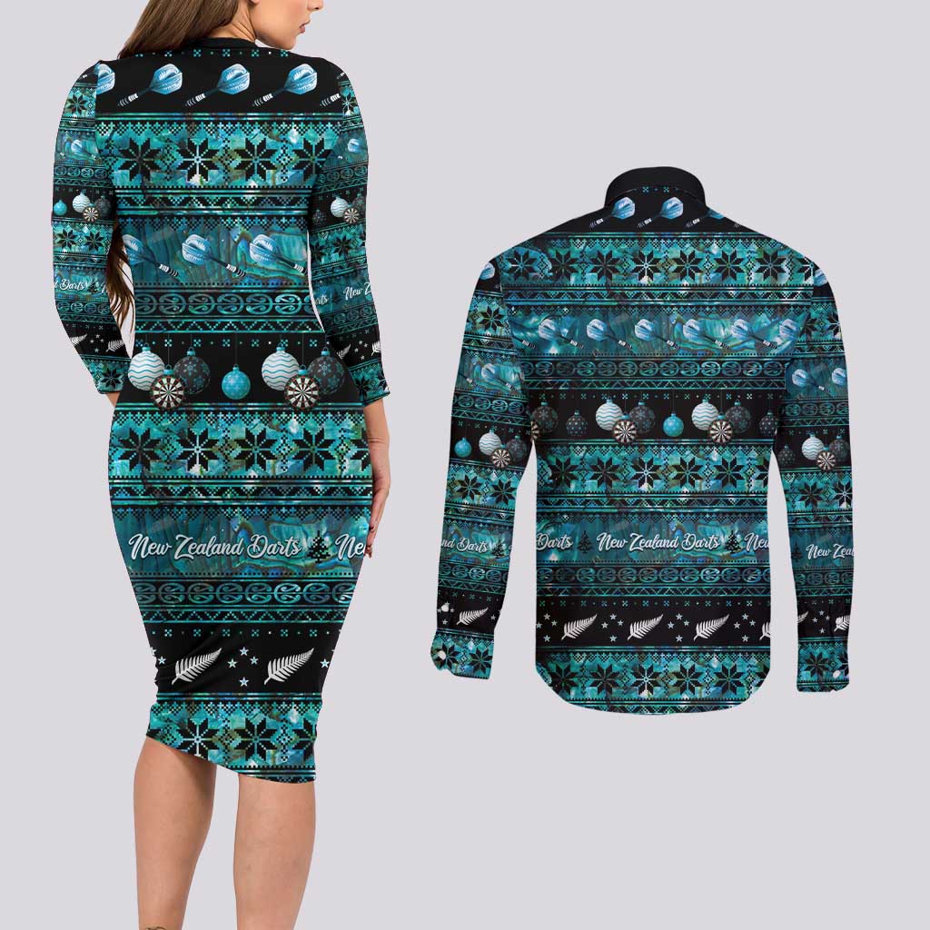 New Zealand Darts Christmas Couples Matching Long Sleeve Bodycon Dress and Long Sleeve Button Shirt Merry Xmas Aotearoa Maori Paua Shell - Vibe Hoodie