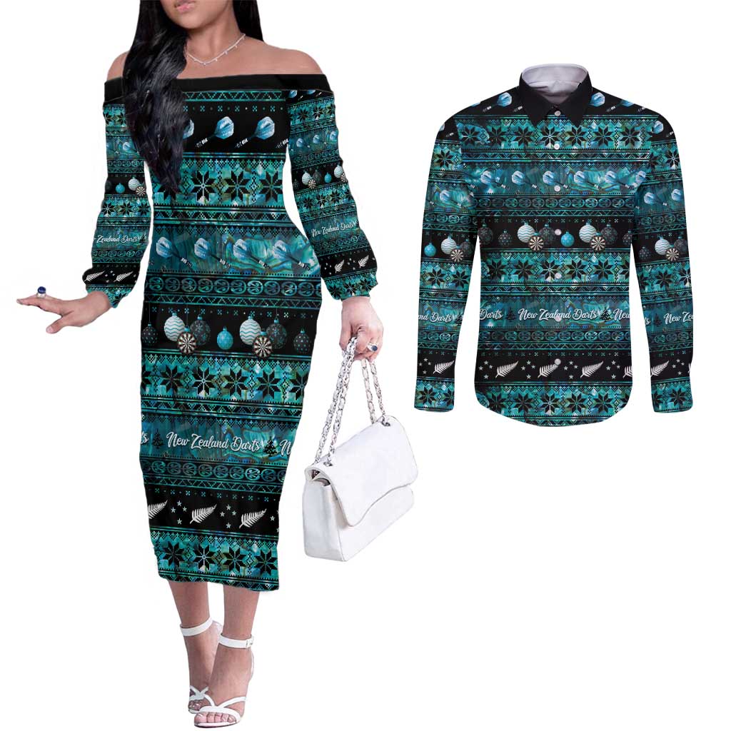New Zealand Darts Christmas Couples Matching Off The Shoulder Long Sleeve Dress and Long Sleeve Button Shirt Merry Xmas Aotearoa Maori Paua Shell - Vibe Hoodie