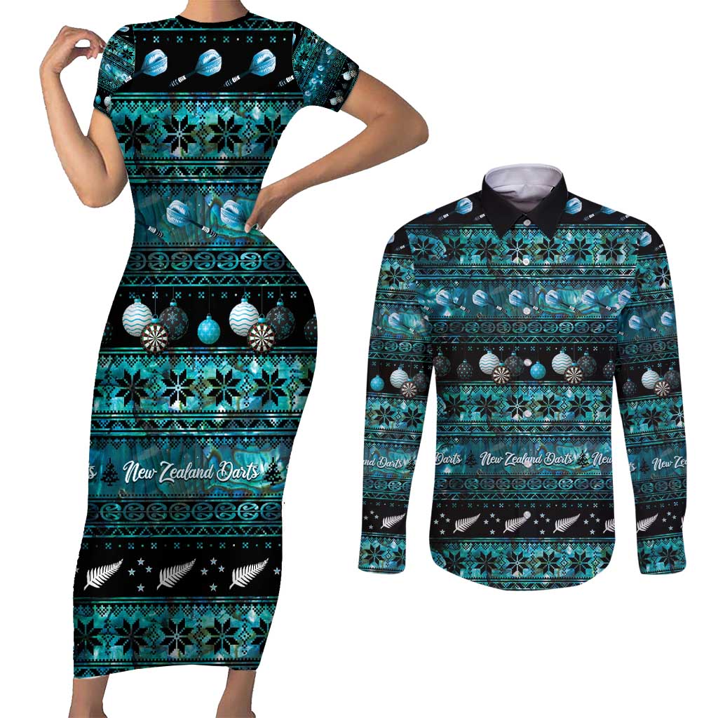 New Zealand Darts Christmas Couples Matching Short Sleeve Bodycon Dress and Long Sleeve Button Shirt Merry Xmas Aotearoa Maori Paua Shell - Vibe Hoodie