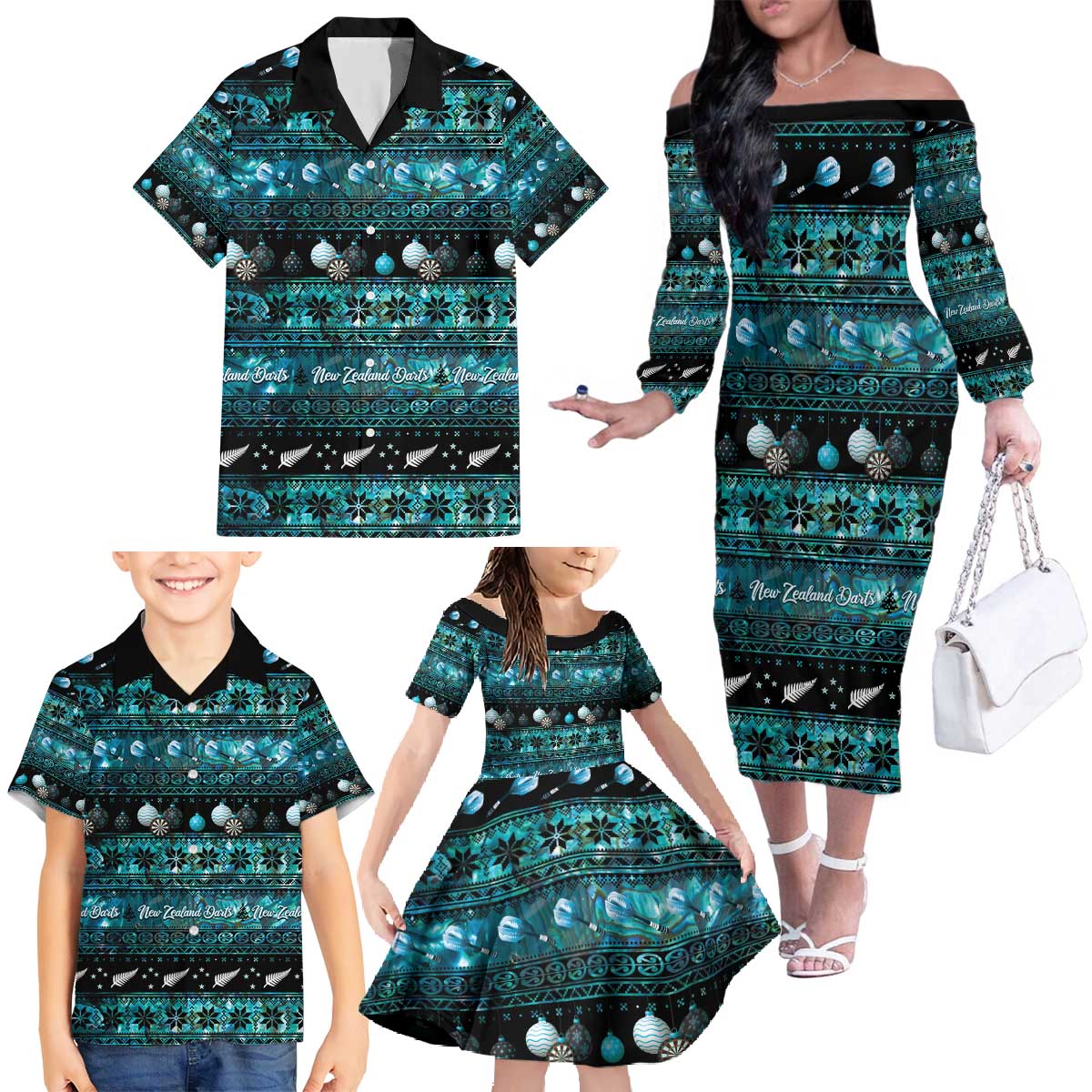 New Zealand Darts Christmas Family Matching Off The Shoulder Long Sleeve Dress and Hawaiian Shirt Merry Xmas Aotearoa Maori Paua Shell - Vibe Hoodie