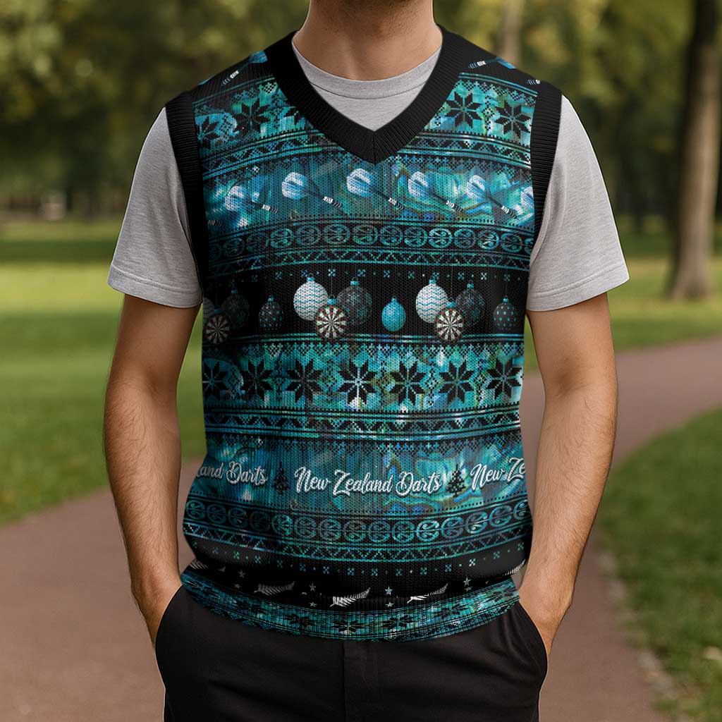 New Zealand Darts Christmas Knitted V-Neck Vest Merry Xmas Aotearoa Maori Paua Shell - Vibe Hoodie