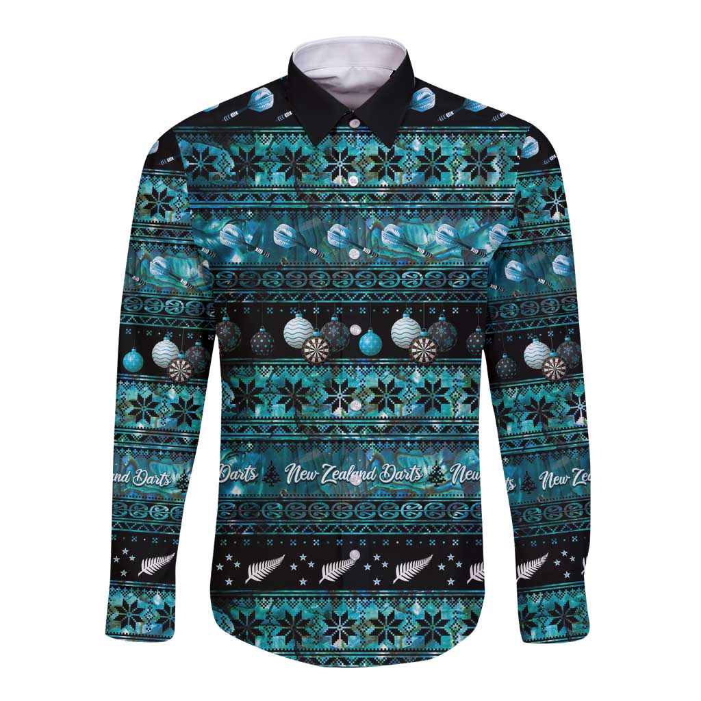 New Zealand Darts Christmas Long Sleeve Button Shirt Merry Xmas Aotearoa Maori Paua Shell - Vibe Hoodie
