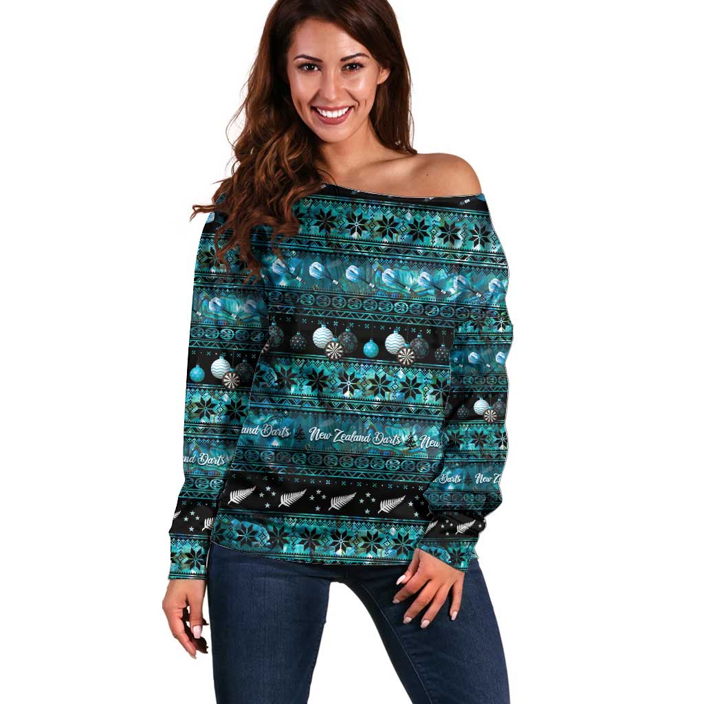 New Zealand Darts Christmas Off Shoulder Sweater Merry Xmas Aotearoa Maori Paua Shell - Vibe Hoodie