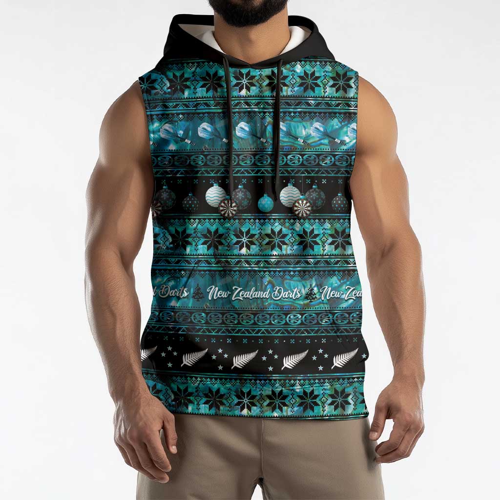 New Zealand Darts Christmas Sleeveless Hoodie Merry Xmas Aotearoa Maori Paua Shell - Vibe Hoodie