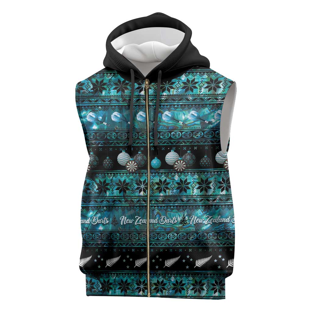 New Zealand Darts Christmas Sleeveless Zip Hoodie Merry Xmas Aotearoa Maori Paua Shell - Vibe Hoodie
