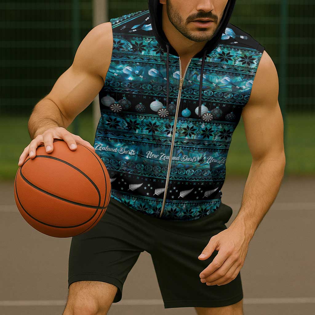 New Zealand Darts Christmas Sleeveless Zip Hoodie Merry Xmas Aotearoa Maori Paua Shell - Vibe Hoodie