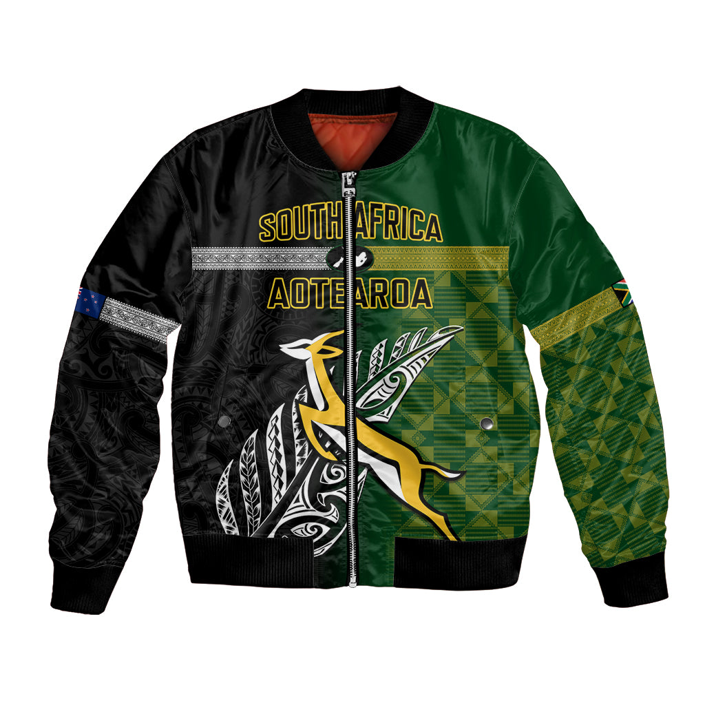 Personalised New Zealand and South Africa Rugby Bomber Jacket 2023 World Cup Final All Black Springboks Together - Vibe Hoodie Shop
