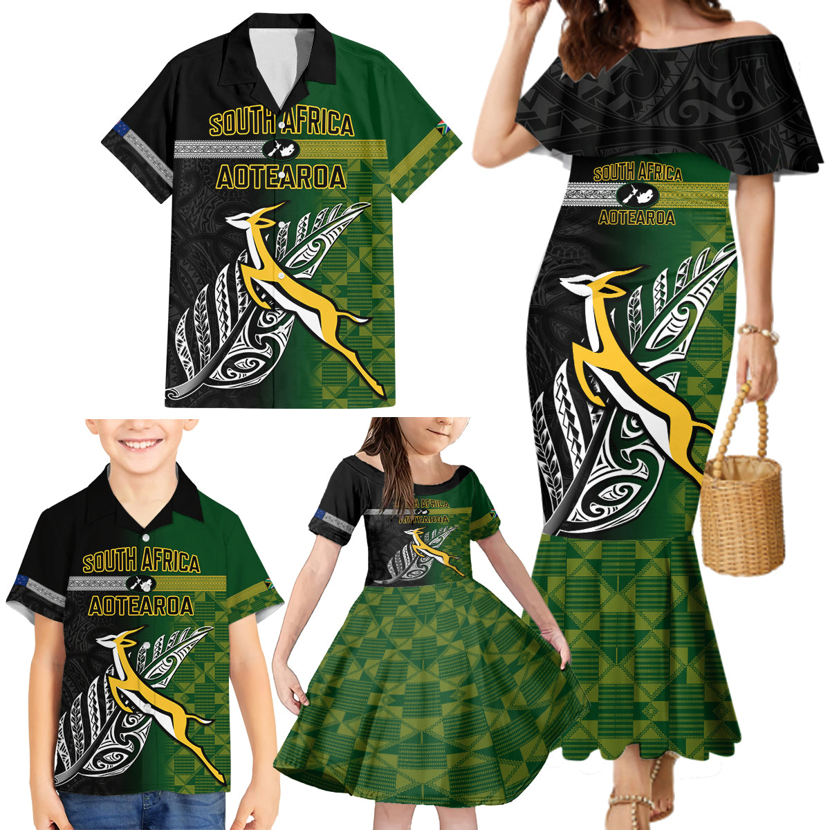 personalised-new-zealand-and-south-africa-rugby-family-matching-mermaid-dress-and-hawaiian-shirt-2023-world-cup-final-all-black-springboks-together