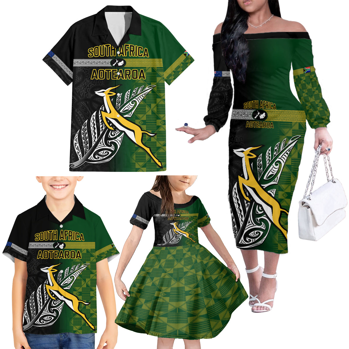 personalised-new-zealand-and-south-africa-rugby-family-matching-off-shoulder-long-sleeve-dress-and-hawaiian-shirt-2023-world-cup-final-all-black-springboks-together