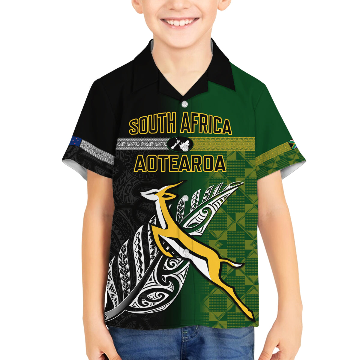 personalised-new-zealand-and-south-africa-rugby-family-matching-off-shoulder-long-sleeve-dress-and-hawaiian-shirt-2023-world-cup-final-all-black-springboks-together