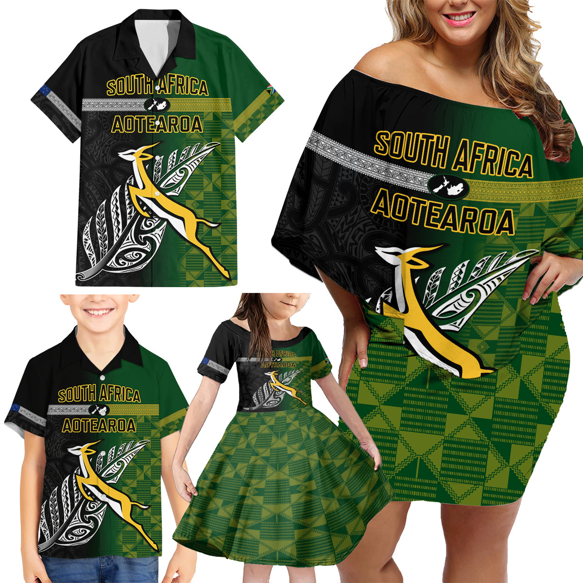 personalised-new-zealand-and-south-africa-rugby-family-matching-off-shoulder-short-dress-and-hawaiian-shirt-2023-world-cup-final-all-black-springboks-together